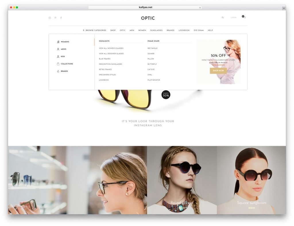 Glasses Store WordPress Theme Kallyas - Mega menu