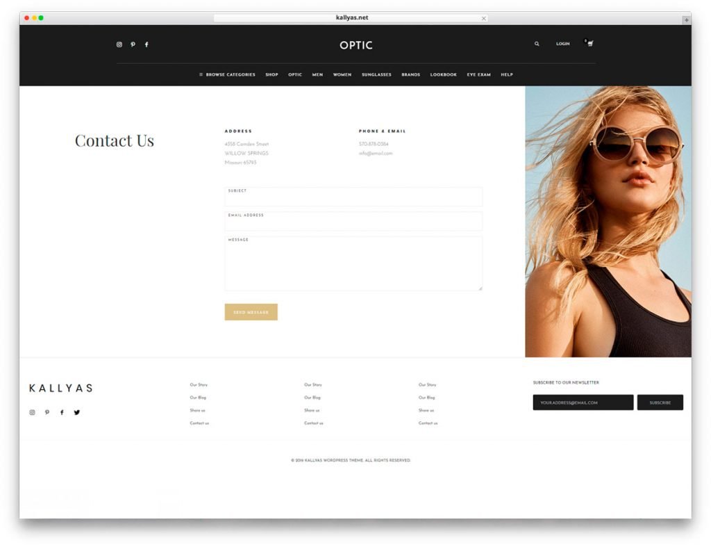 Glasses Store WordPress Theme - Contact page with a gorgeous design