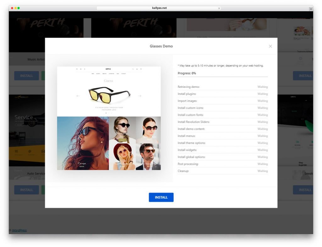 Install Glasses WordPress Theme with one click.